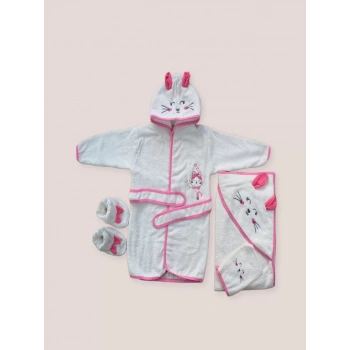 0-6 Ay Kedicik Nakışlı Bornozlu 5li Kız Bebek Havlu Silgi Takımı Fuşya