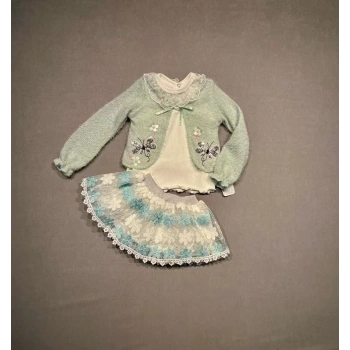 1-2-3 Yaş Brode Etekli Örme Hırkalı Uzun Kollu Sweat 3lü Kız Çocuk Takımı Su Yeşili