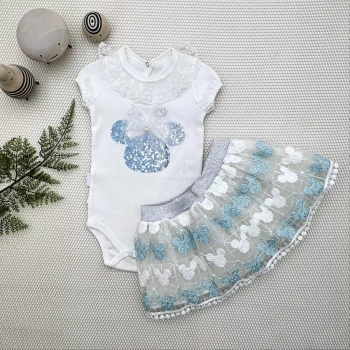 1-2-3 Yaş Payetli Mickey Nakışlı Kısa Kollu Brode Etekli 2li Kız Bebek Takımı Turkuaz