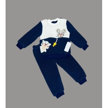 1-2-3 Yaş Sallanan Balık Nakışlı Kuzu Kumaş Sweat Pantolon Uzun Kollu Kız Erkek 2 Li Takımı Lacivert