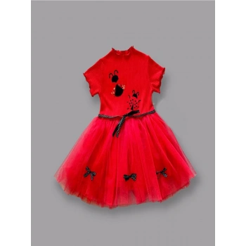 1-2-3 Yaş Uğur Böceği Nakışlı Kurdela Kuşak Kız Çocuk Elbisesi Kırmızı