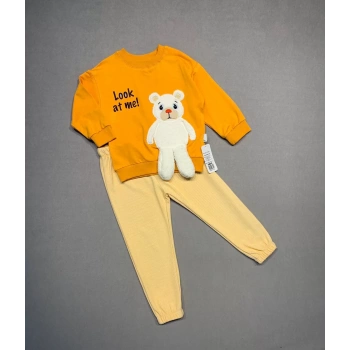 2-3-4 Yaş Ayıcık Sallanan Ayak Desenli Likra Penye Kumaş Sweat Pantolonlu Kız Erkek 2li Çocuk Takımı Turuncu