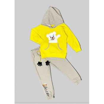 2-3-4 Yaş Pelüş Ayı Desenli Kapşonlu Uzun Kollu Penye Sweat 2li Erkek Çocuk Takımı Sarı