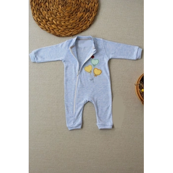 3-6 18-24 24-36 Ay Uçan Balonlar Nakışlı Ef Boy Fermuarlı Erkek Bebek Tulumu Mavi