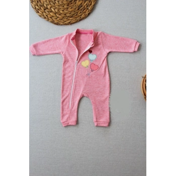 3-6 18-24 24-36 Ay Uçan Balonlar Nakışlı Ef Boy Fermuarlı Kız Bebek Tulumu Pembe