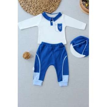 3-6 6-9 9-12 Ay Efendi Nakışlı Cep Şapkalı Uzun Kollu Sweat 3lü Erkek Bebek Takımı İndigo