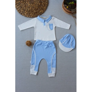 3-6 6-9 9-12 Ay Efendi Nakışlı Cep Şapkalı Uzun Kollu Sweat 3lü Erkek Bebek Takımı Mavi