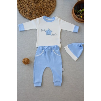 3-6 6-9 9-12 Ay Full Star Nakışlı Şapkalı Uzun Kollu Sweat 3lü Erkek Bebek Takımı Mavi