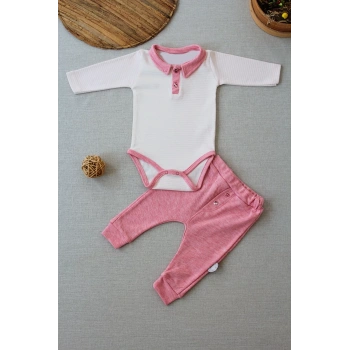 3-6 6-9 9-12 Ay Melanjlı Uzun Kollu Zıbınlı 2li Kız Bebek Takımı Pembe