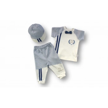 3-6 6-9 9-12 Ay My Prince Nakışlı Şapkalı Kısa Kollu Sweatli 3lü Erkek Bebek Takımı Ekru