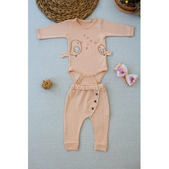 3-6 6-9 9-12 Ay Şarkıcı Kuşlar Nakışlı Bandanalı Uzun Kollu Zıbınlı 3lü Kız Bebek Takımı Buğday