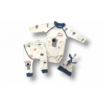 3-6 6-9 9-12 Ay Şirin Kozmonot Nakışlı Şapkalı Uzun Kollu Zıbınlı 3lü Kız-erkek Bebek Takımı Ekru