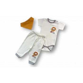 3-6 6-9 9-12 Ay Yavru Aslan Nakışlı Bandajlı Kısa Kollu Zıbınlı 3lü Erkek Bebek Takımı Ekru