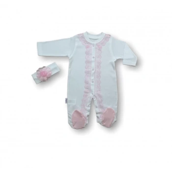 3-6 6-9 Ay Dantelli Boydan Çıtçıtlı Bandanalı Patikli Uzun Kollu Kız Bebek Tulumu Ekru