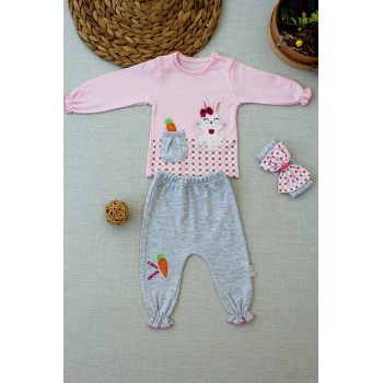 3-6 9-12 12-18 Ay Havuç Tavşan Nakışlı Bandanalı Cepli Uzun Kollu Sweatli 3lü Kız Bebek Tak Pembe