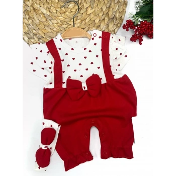 3-6-9-12 Ay Bandanalı Piti Kalp Baskılı Salopet Görünümlü 2li Kız Bebek Takımı