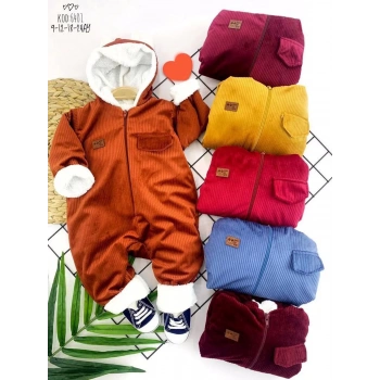 3-6-9-12 Ay Fermuar Kapamalı Kadife Kumaş İçi Tüylü Kız Erkek Bebek Tulumu Kahverengi