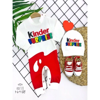3-6-9-12 Ay Kinder Surprise Baskılı Çıtçıt Kapamalı Şapkalı 2li Kız Erkek Bebek Tulumu Ekru