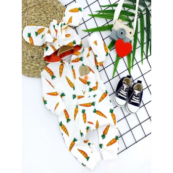 3-6-9-12 Ay Kulaklı Kapşonlu Havuç Baskılı Uzun Kollu Kız Erkek Bebek Tulumu Ekru