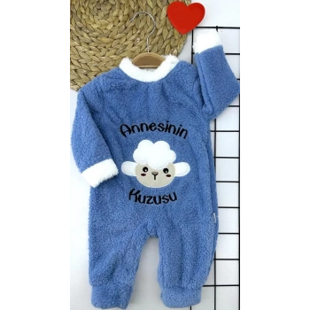 3-6-9-12 Ay Kuzu Tüylü Kumaş Annesinin Kuzusu Nakışlı Alttan Çıtçıtlı Kız Erkek Bebek Tulumu Mavi