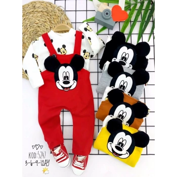 3-6-9-12 Ay Mickey Figürlü Uzun Kollu Baskılı Sweatli 2li Kız Erkek Bebek Salopet Takımı Kırmızı