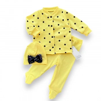 3-6-9-12 Ay Puantiyeli Şapkalı Çıtçıt Kapamalı Patikli 3lü Kız Bebek Takımı Sarı