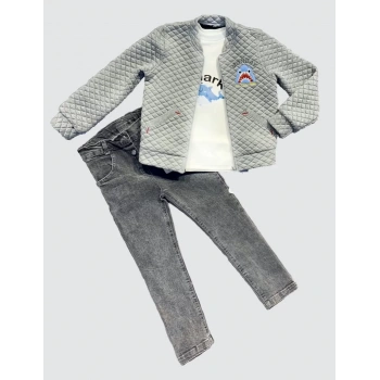 4-5-6 Yaş Kot Pantolonlu Pilot Mont Uzun Kollu Penye Sweat 3lü Erkek Çocuk Takımı Gri