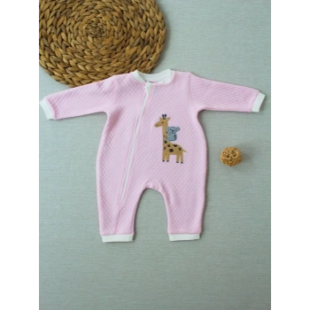 6-9 12-18 18-24 24-36 Ay Animal Nakışlı Bal Peteği Kumaş Es Fermuarlı Kız Bebek Tulumu Pembe