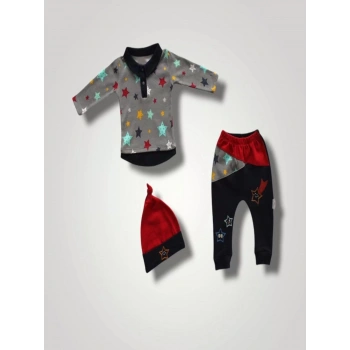 6-9 12-18 18-24 Ay Samanyolu Yıldızlar Baskılı Uzun Kollu Sweat Şapkalı 3lü Kız Erkek Bebek Takımı Lacivert