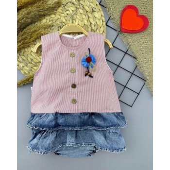 6-9-12-18 Ay Gül Rozet Detaylı Kot Kilotlu Etek Kız Bebek Elbisesi Gül Kurusu