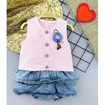 6-9-12-18 Ay Gül Rozet Detaylı Kot Kilotlu Etek Kız Bebek Elbisesi Pembe