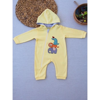 6-9 9-12 Ay Ef Çizgi Boy Fermuarlı Hayvanlar Alemi Nakışlı Kapşonlu Kız Erkek Bebek Tulumu Sarı
