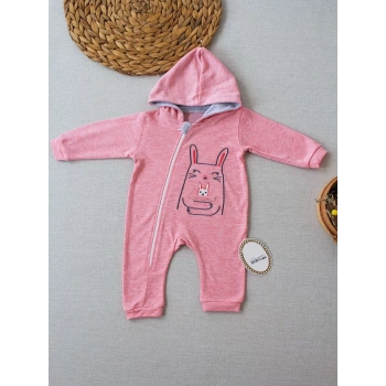 6-9 9-12 Ay Ef Çizgi Boy Fermuarlı Tavşan Nakışlı Kapşonlu Kız Erkek Bebek Tulumu Pembe