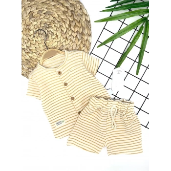 9-12-18-24 Ay Düğme Detaylı Çizgili Müslin Kumaş Yazlık 2li Erkek Bebek Takımı