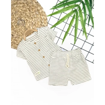 9-12-18-24 Ay Düğme Detaylı Çizgili Müslin Kumaş Yazlık 2li Erkek Bebek Takımı