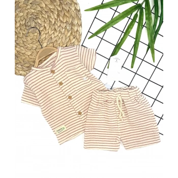 9-12-18-24 Ay Düğme Detaylı Çizgili Müslin Kumaş Yazlık 2li Erkek Bebek Takımı