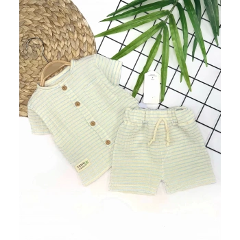 9-12-18-24 Ay Düğme Detaylı Çizgili Müslin Kumaş Yazlık 2li Erkek Bebek Takımı