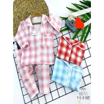 9-12-18-24 Ay Düğme Kapamalı Ekose Desenli 2li Kız Erkek Bebek Pijama Takımı Mavi