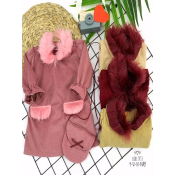 9-12-18-24 Ay Tüylü Yaka Ve Cep Kapaklı Çantalı Fitilli Kadife Uzun Kollu 2li Kız Bebek Elbisesi Pembe