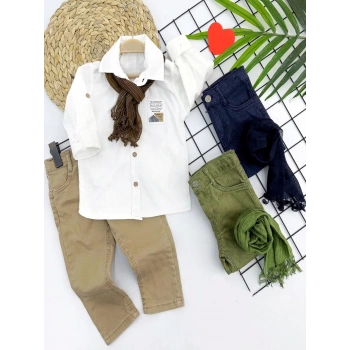 9-12-18-24 Ay Ve 3-4-5 Yaş Fularlı Pamuk Keten Gömlekli Pantolonlu 3lü Erkek Bebek Takımı Lacivert