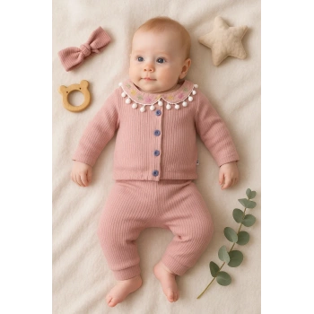 Çiçek Nakışlı Düşmeli Bandanalı Kız Bebek Takımı