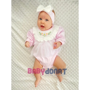 Çiçek Nakışlı Tüllü Bandanalı Kız Bebek Romper