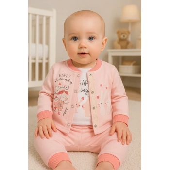 Happy Dancing Desenli 3lü Hırkalı Kız Bebek Takım