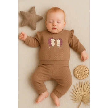 Kirpi Nakışlı % 100 Pamuk 2li Kız Bebek Takım