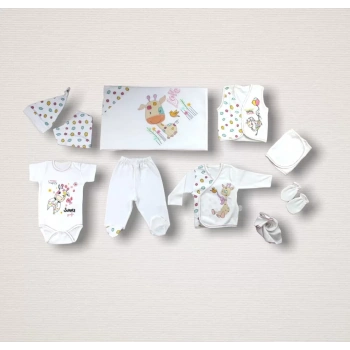 Love Zürafa Nakışlı  10lu Zıbın Takımı Hastane Çıkışı Ekru