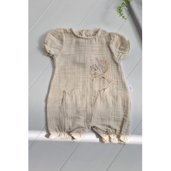 Müslin Kumaş Çiçek Nakışlı Pamuklu Kız Bebek Tulum