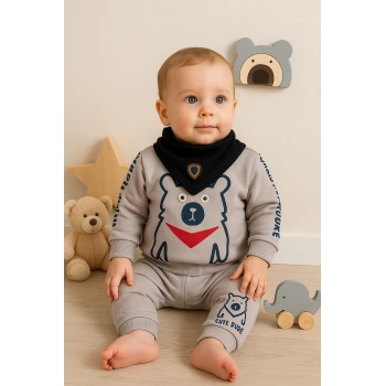 Oynar Gözlü Fularlı 3lü Erkek Bebek Takımı