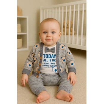 Papyonlu Bear Çizgili Model Ceketli 3lü Erkek Bebek Takımı