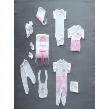 Taçlı Prensesim Nakışlı  10lu Zıbın Takımı Hastane Çıkışı Pembe