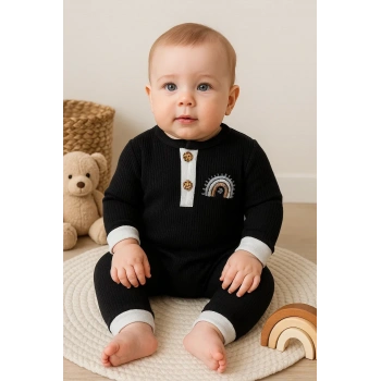 Waffle Gökkuşağı Nakışlı Erkek Bebek Tulumu